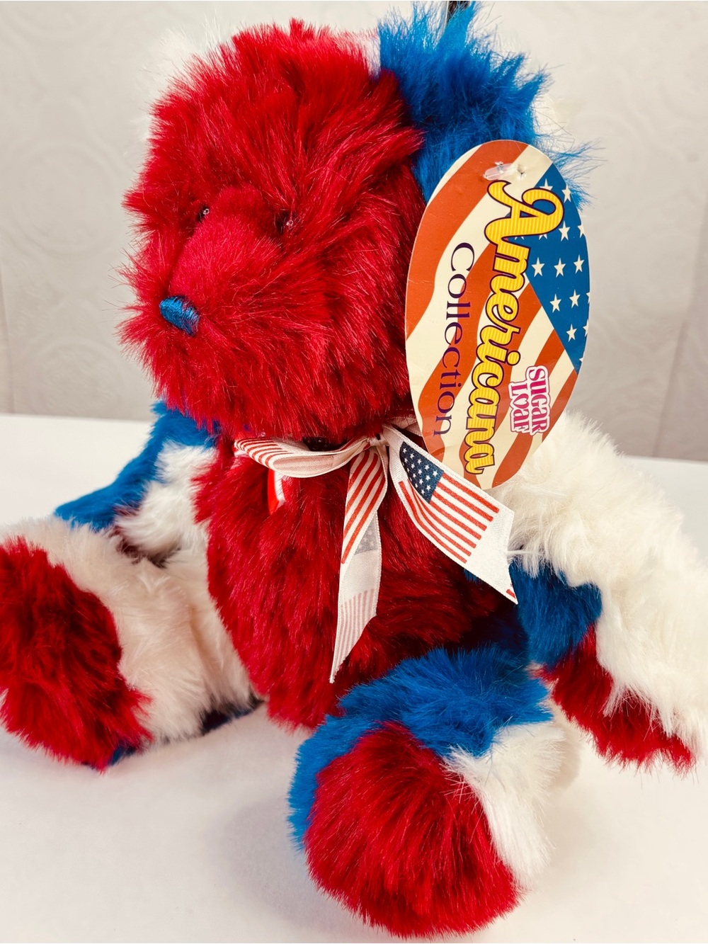 NEW Sugar Loaf Patriotic Teddy Bear American Flag Bow & Pin Sitting 12” Red Blue